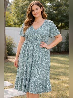 Sage Green Smocked Midi Dress Cottagecore Boho XL NWT
